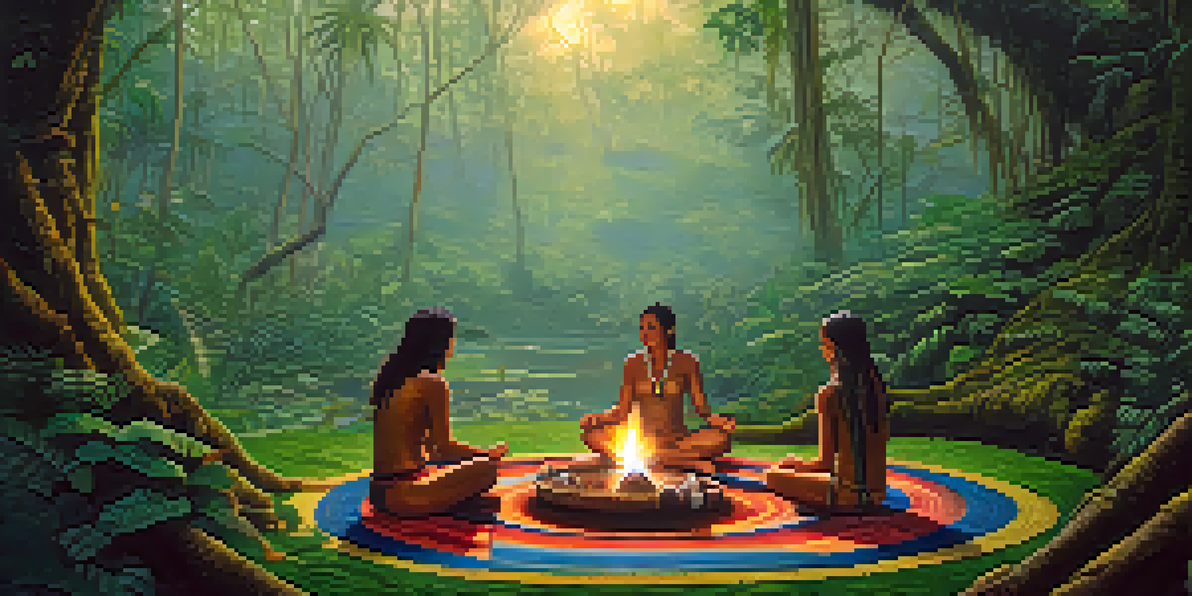 A peaceful scene of an ayahuasca ceremony in the Amazon rainforest with participants sitting in a circle, illuminated by firelight, and animal spirits appearing in the background.