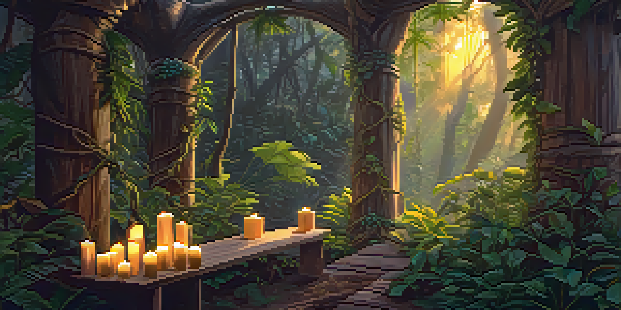 A tranquil jungle scene with the Banisteriopsis caapi vine and a rustic wooden altar surrounded by greenery and colorful flowers, illuminated by soft dawn light.