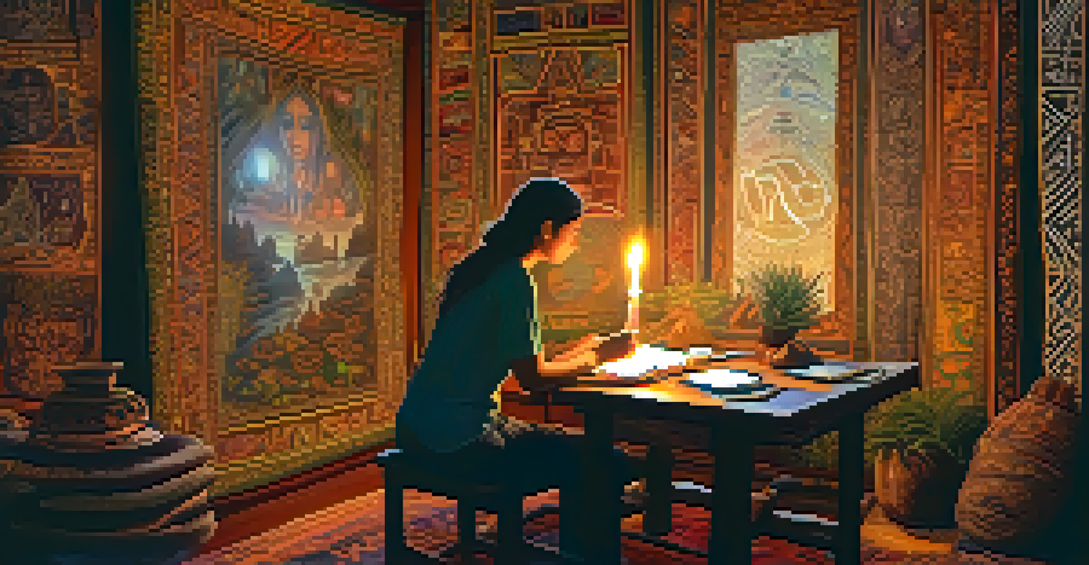 A candle-lit room with a person journaling about their Ayahuasca experience, surrounded by spiritual decorations and soft light.