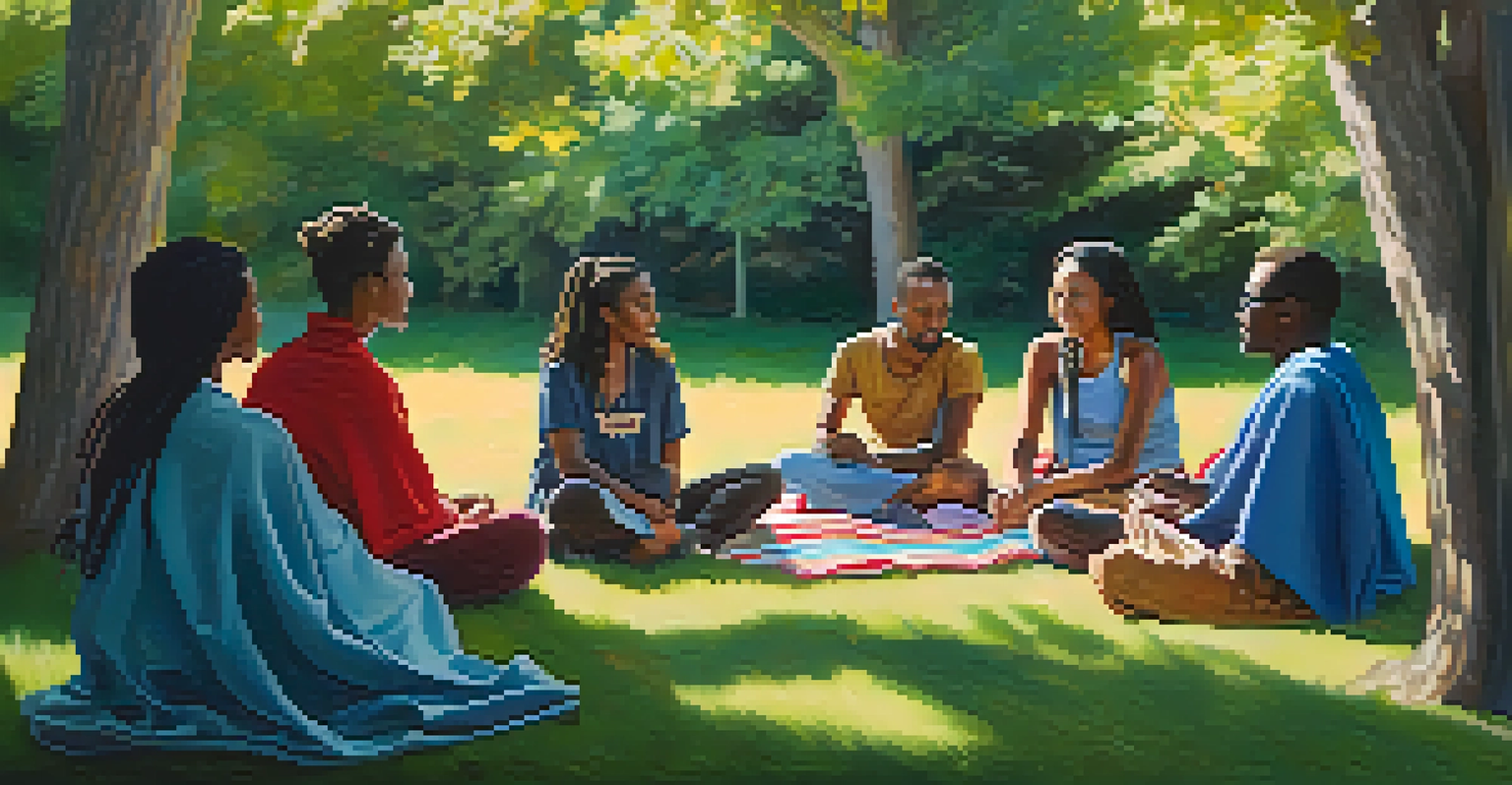 A group of people sitting in a circle outdoors, sharing and discussing their experiences.