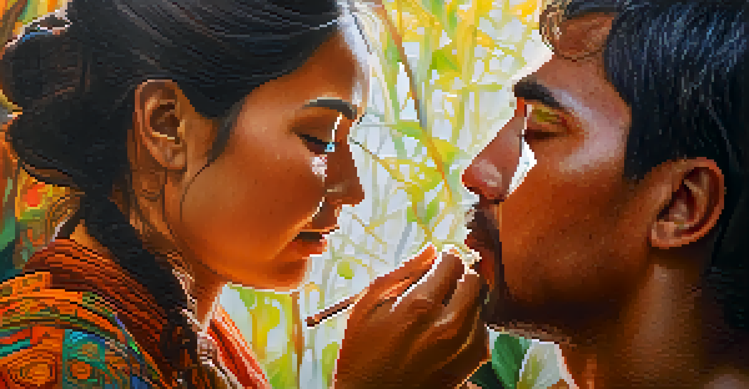 Close-up of a participant's face during an Ayahuasca ceremony, expressing deep emotion, with a softly blurred background of warm lighting and nature.