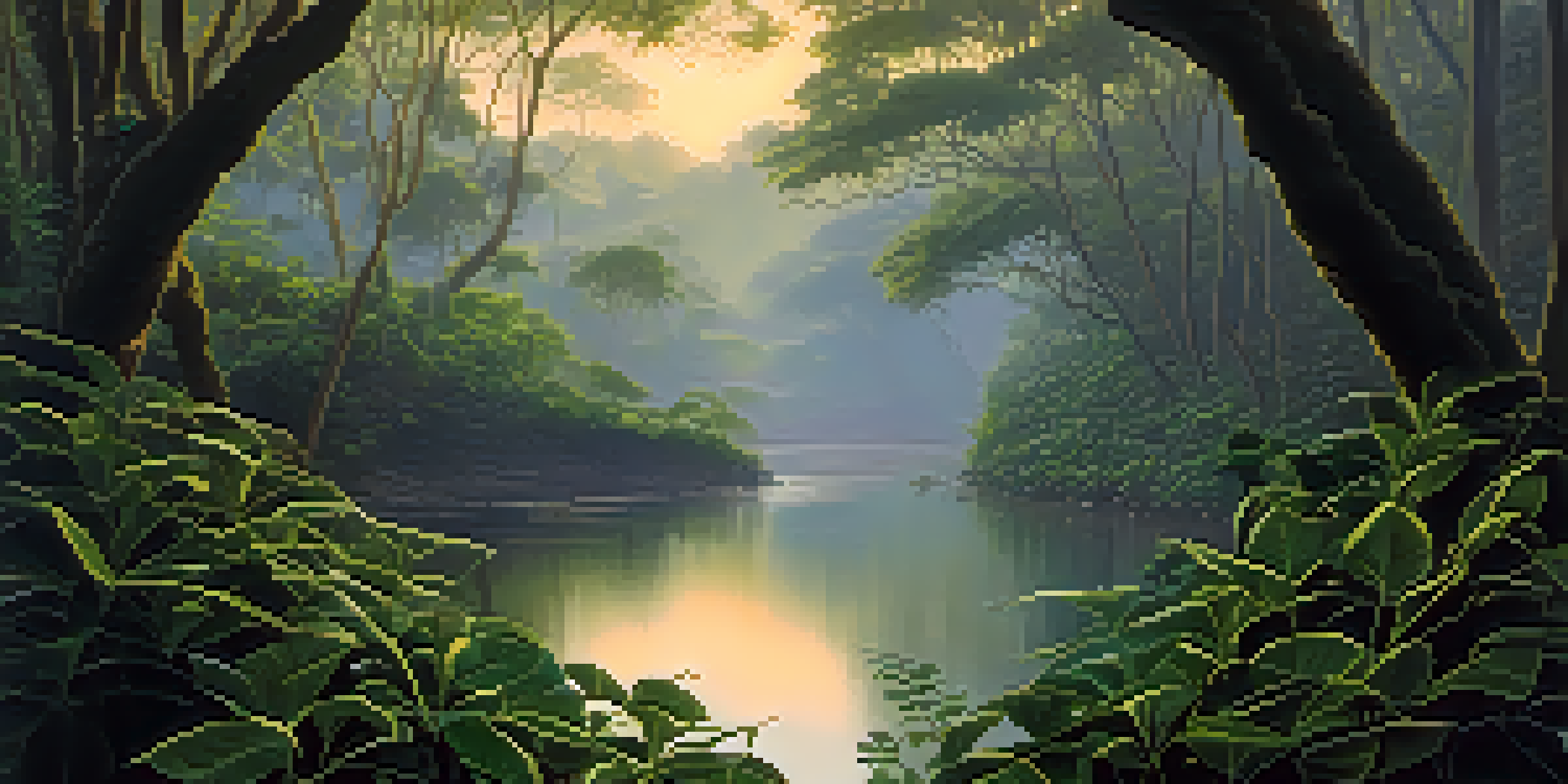 A peaceful jungle scene at dawn with a vine and greenery, soft light, and a river reflecting the sky.