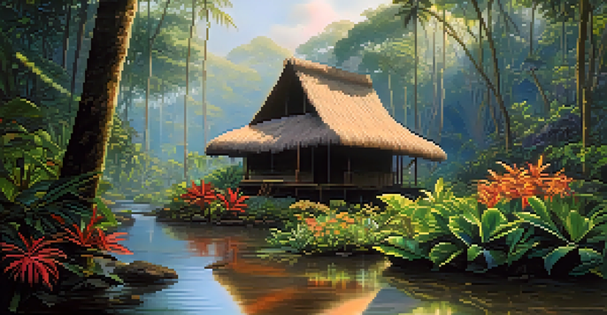 A peaceful Amazon rainforest at dawn with a shaman's hut surrounded by lush vegetation and a softly flowing stream.