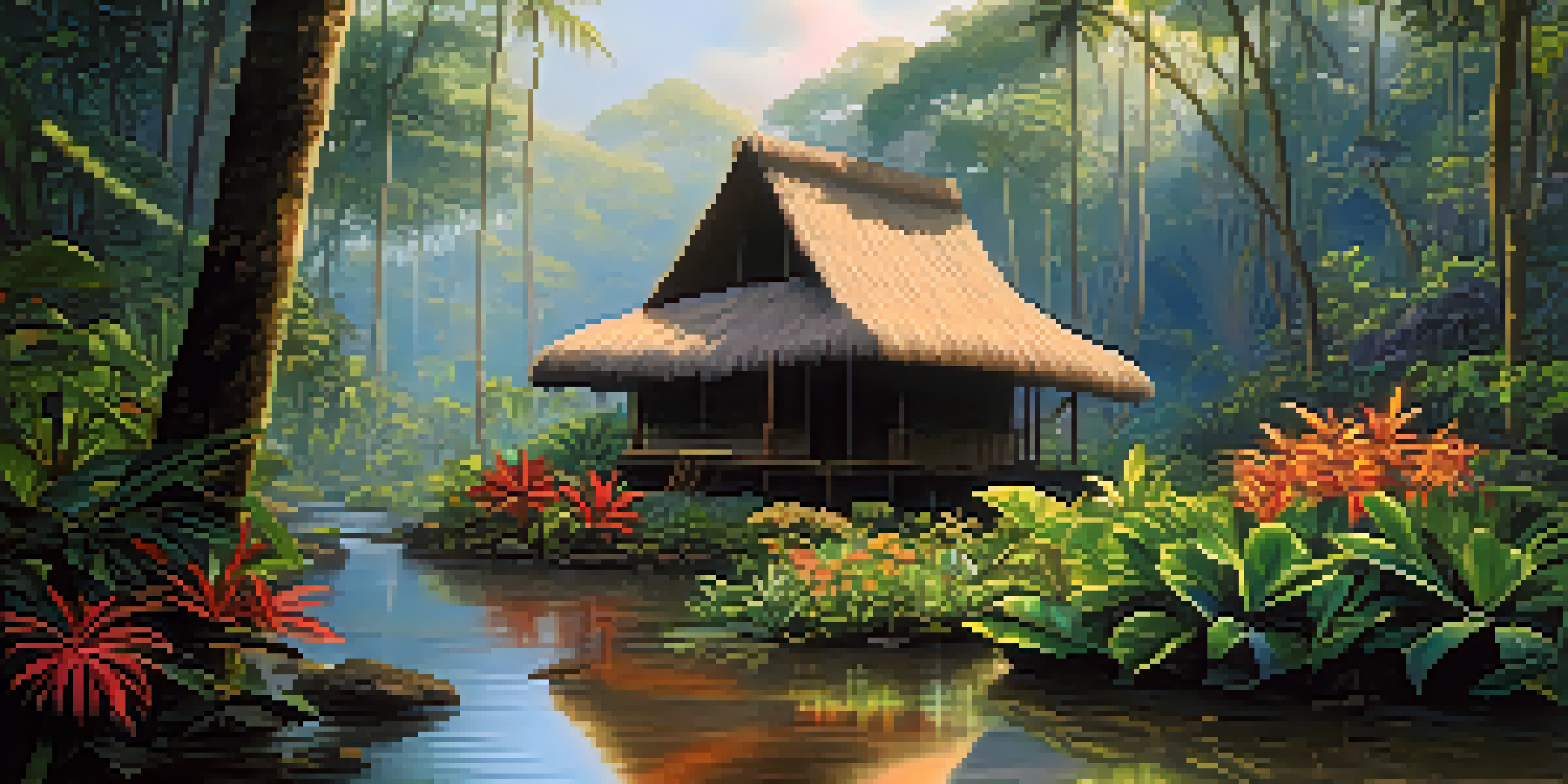 A peaceful Amazon rainforest at dawn with a shaman's hut surrounded by lush vegetation and a softly flowing stream.