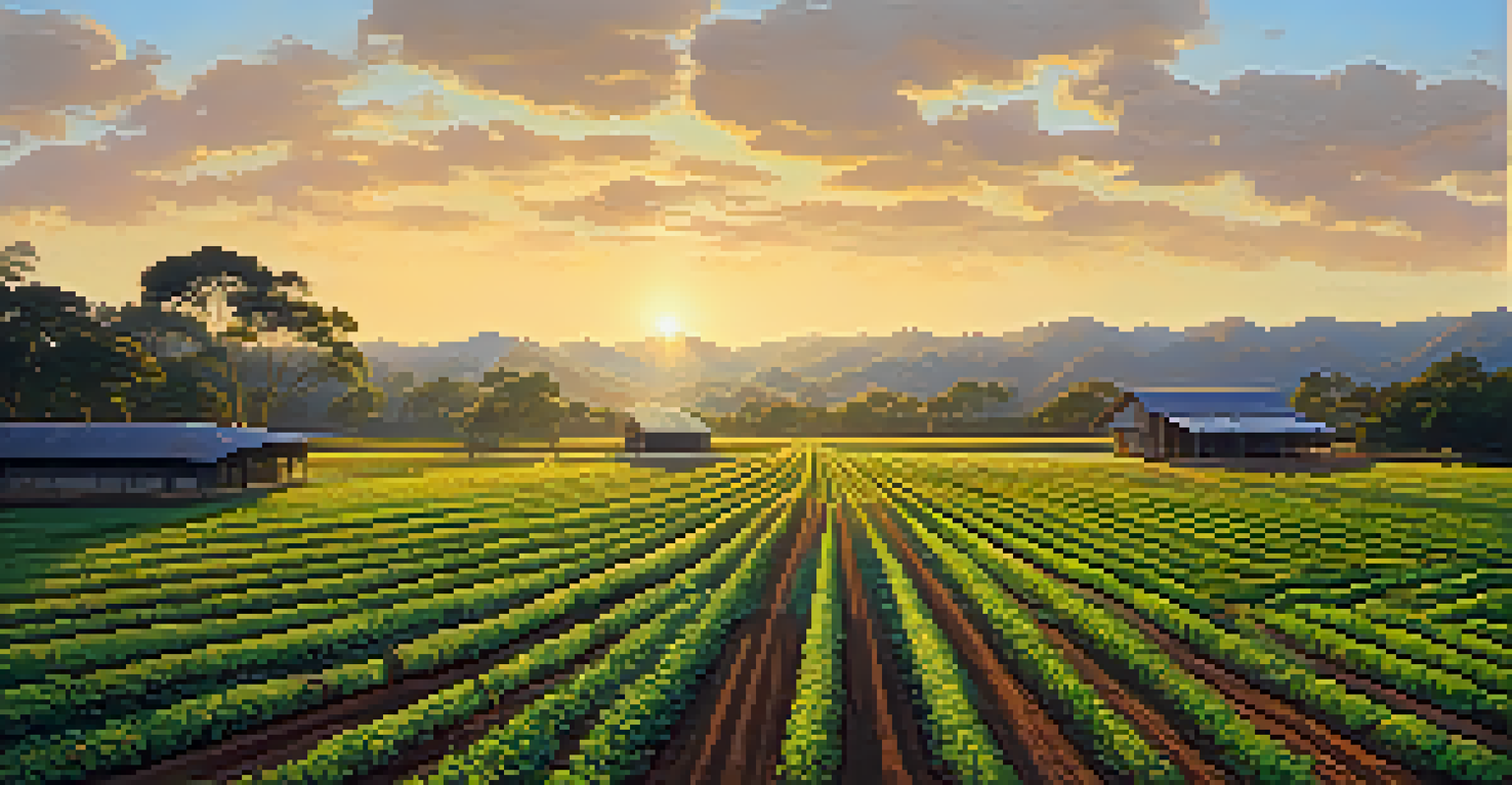 An expansive view of an Ayahuasca farm at sunset, with rows of plants and cover crops under warm golden hour light.