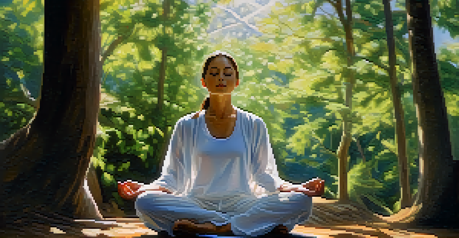 A person meditating outdoors with a serene expression, surrounded by nature and dappled sunlight.