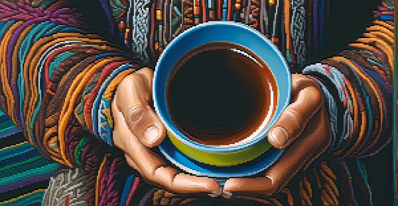 A close-up of a person's hands holding a cup of Ayahuasca brew, with colorful wristbands and a softly lit background featuring indigenous art.