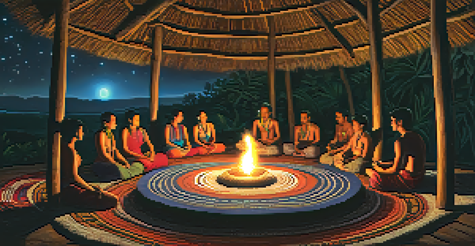 An Ayahuasca ceremony setting with participants sitting in a circle under the stars.
