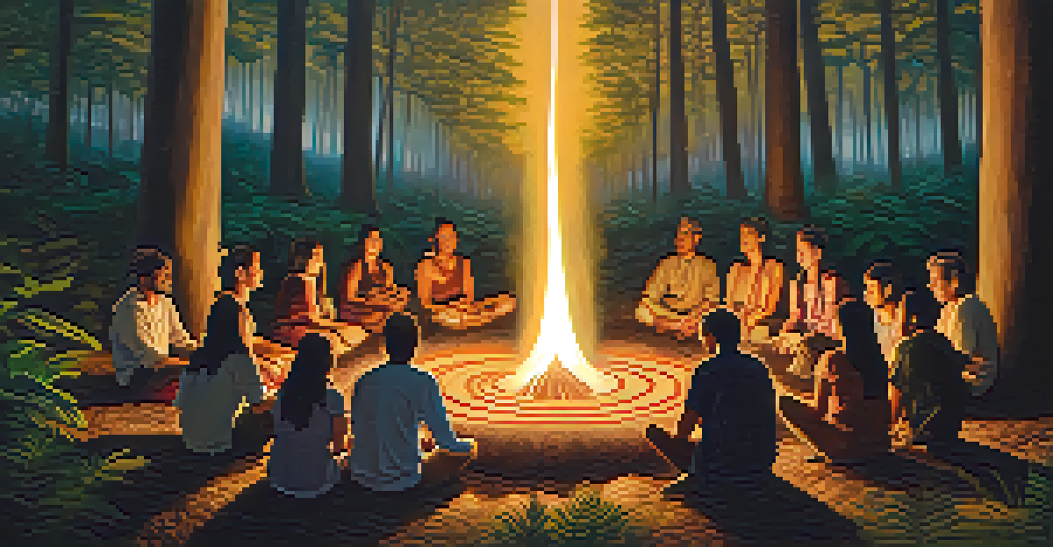 A group of travelers sitting in a circle on the forest floor, illuminated by lanterns after an Ayahuasca ceremony, surrounded by tall trees in a peaceful setting.
