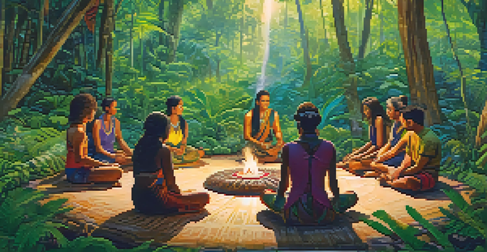 A group of participants in a circle at an Ayahuasca retreat in the Amazon rainforest, surrounded by lush greenery and sunlight filtering through the trees.