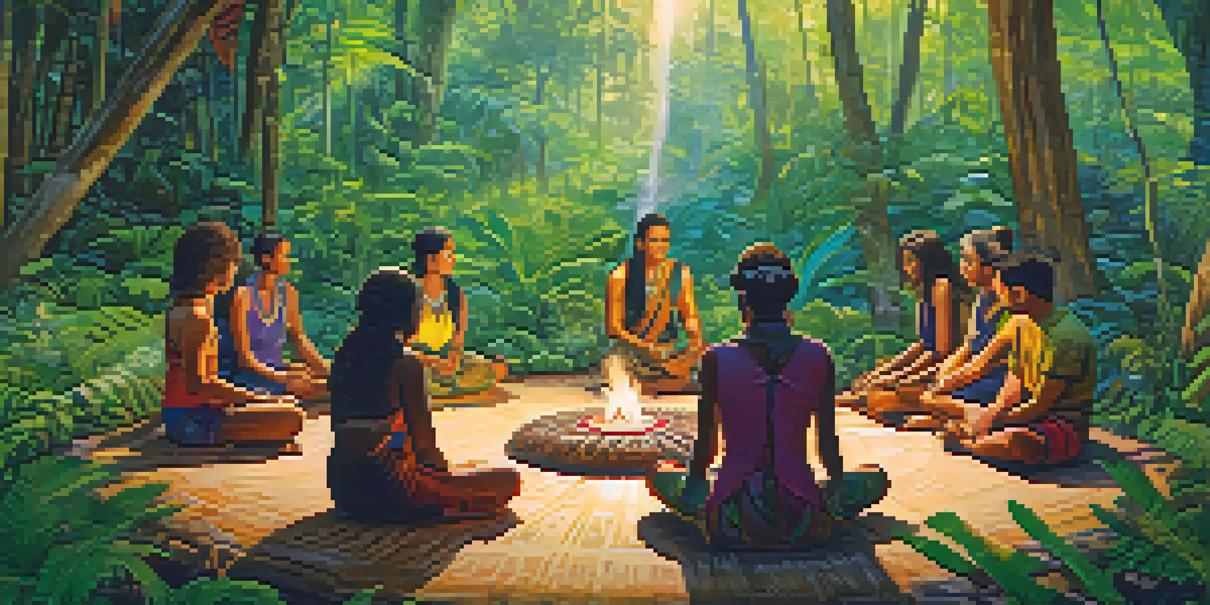 A group of participants in a circle at an Ayahuasca retreat in the Amazon rainforest, surrounded by lush greenery and sunlight filtering through the trees.