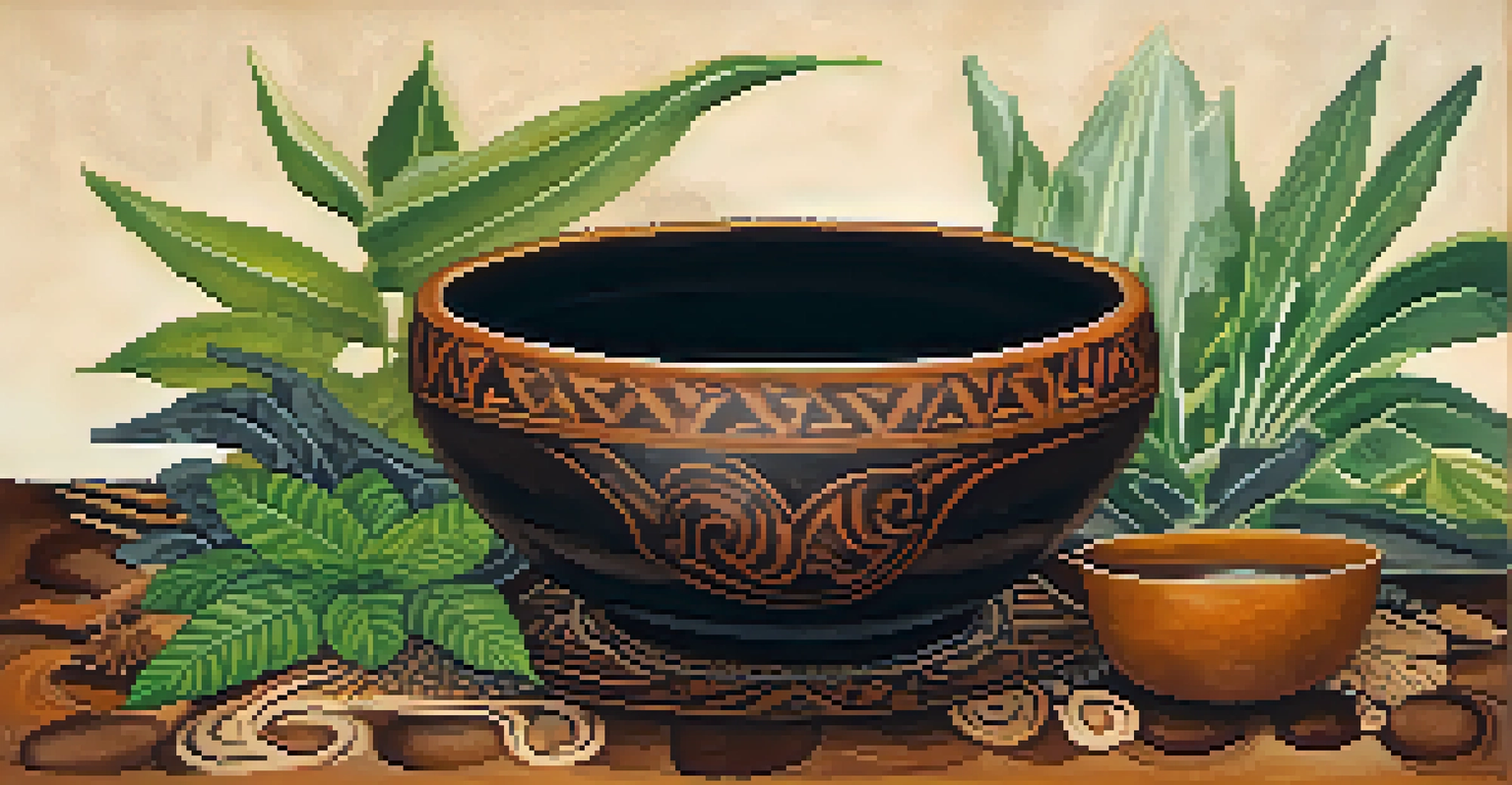 A close-up of Ayahuasca brew in a ceramic bowl, surrounded by indigenous plants and herbs, with warm lighting creating an organic atmosphere.