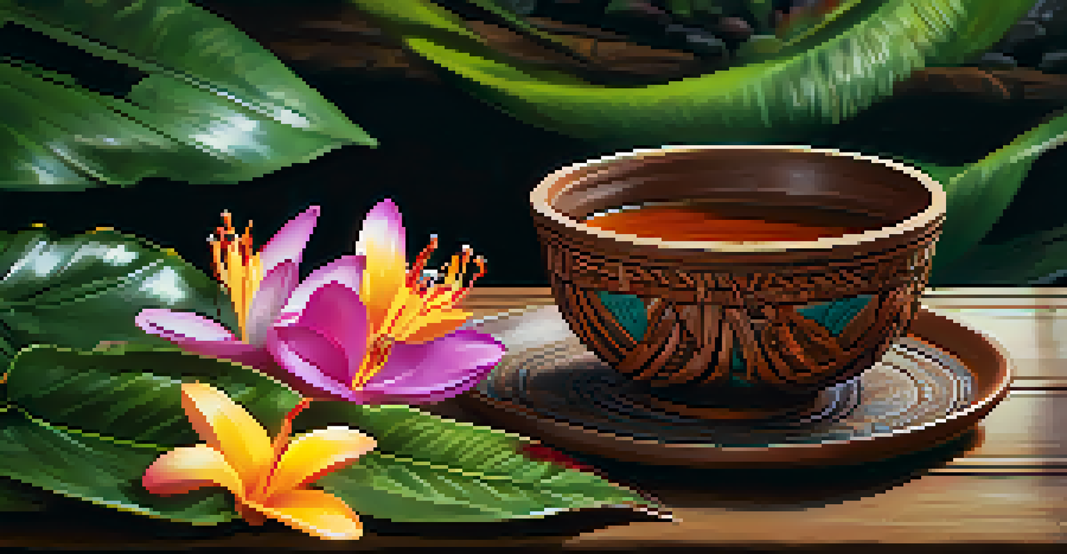 A close-up of a traditional clay cup filled with Ayahuasca brew, surrounded by tropical flowers and leaves.