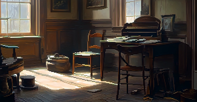 A neglected indoor room with soft golden light, dusty windows, and scattered personal artifacts, creating an atmosphere of introspection.