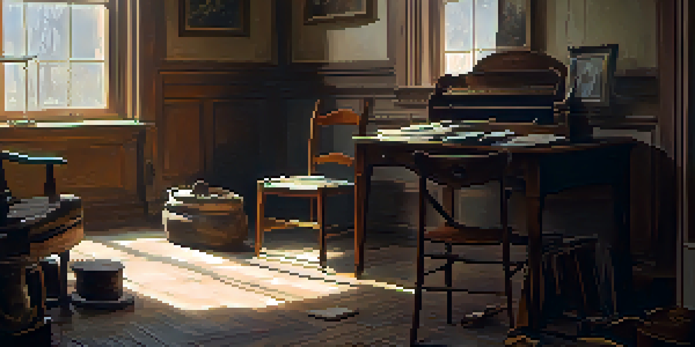 A neglected indoor room with soft golden light, dusty windows, and scattered personal artifacts, creating an atmosphere of introspection.