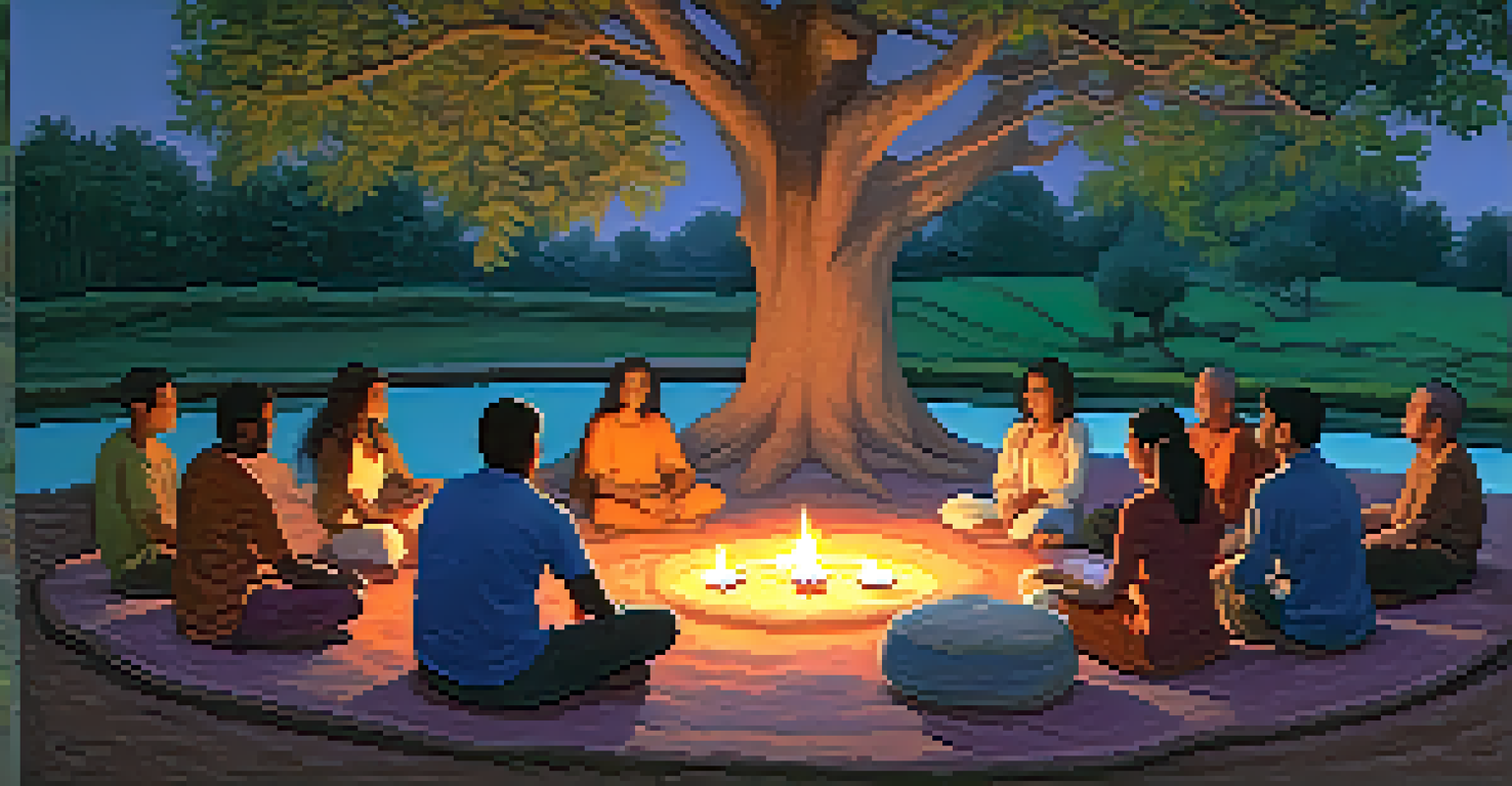 An outdoor Ayahuasca integration circle with participants sitting on cushions under a tree, engaging in conversation as the sun sets.