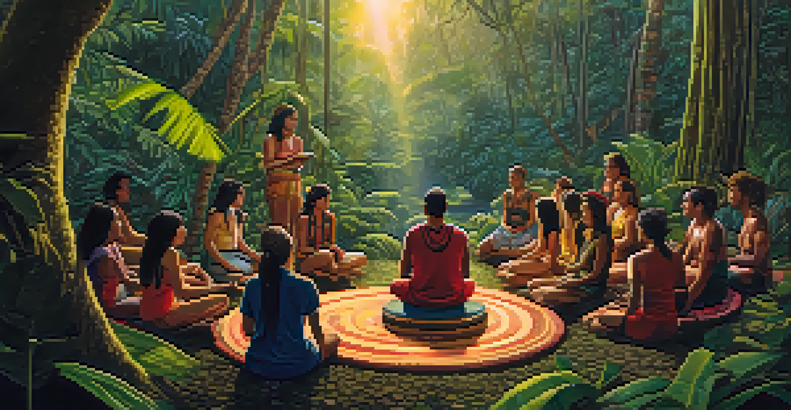 A peaceful scene of an Ayahuasca ceremony in the Amazon rainforest with diverse participants seated in a circle and a shaman preparing the brew.