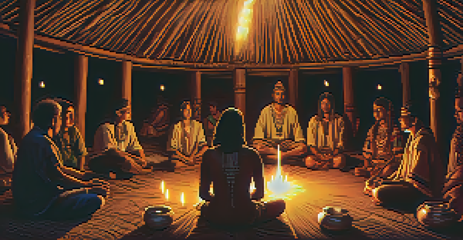 A candle-lit Ayahuasca ceremony with participants sitting in a circle, showing deep contemplation as a shaman leads the ritual.