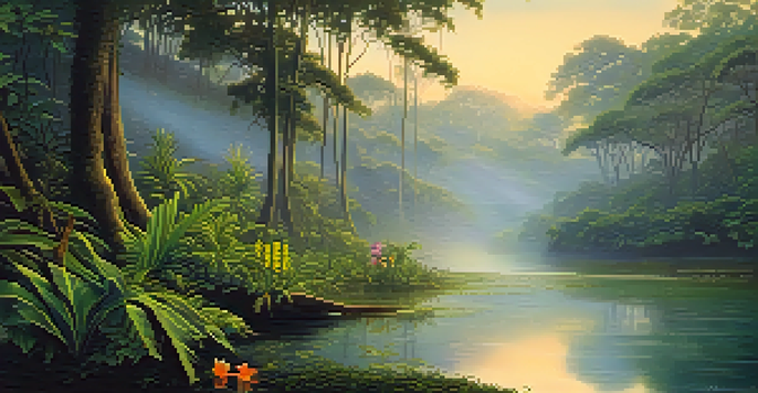 A peaceful view of the Amazon rainforest at sunrise with mist and a small river, highlighting an indigenous ceremonial space with a wooden altar decorated with flowers.
