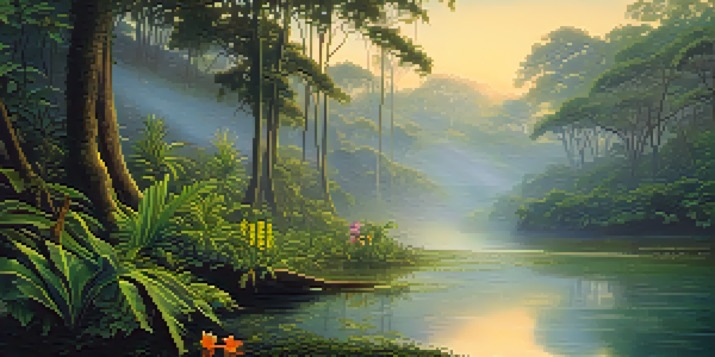A peaceful view of the Amazon rainforest at sunrise with mist and a small river, highlighting an indigenous ceremonial space with a wooden altar decorated with flowers.