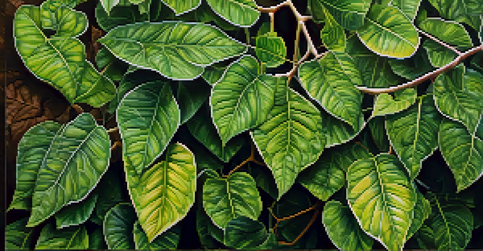 A detailed close-up of Psychotria viridis leaves and Banisteriopsis caapi vine, showcasing their textures and colors in soft natural light.