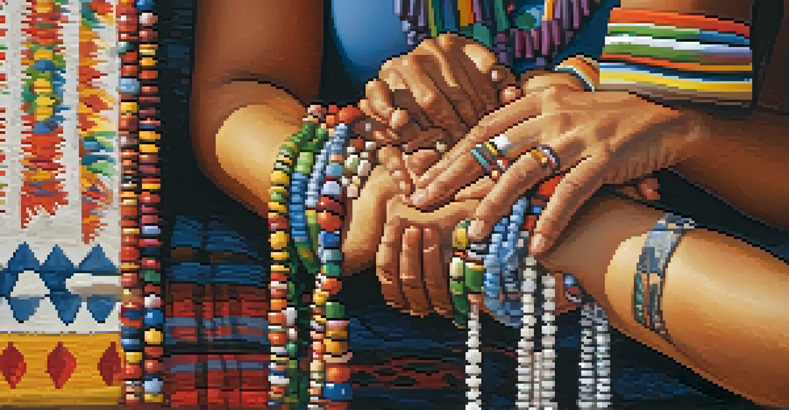 A close-up of hands clasped in trust, adorned with colorful beads, set against a warm, decorated background with natural light.