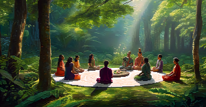 A peaceful Ayahuasca ceremony in a forest, with participants sitting in a circle on cushions, surrounded by greenery and a small altar.