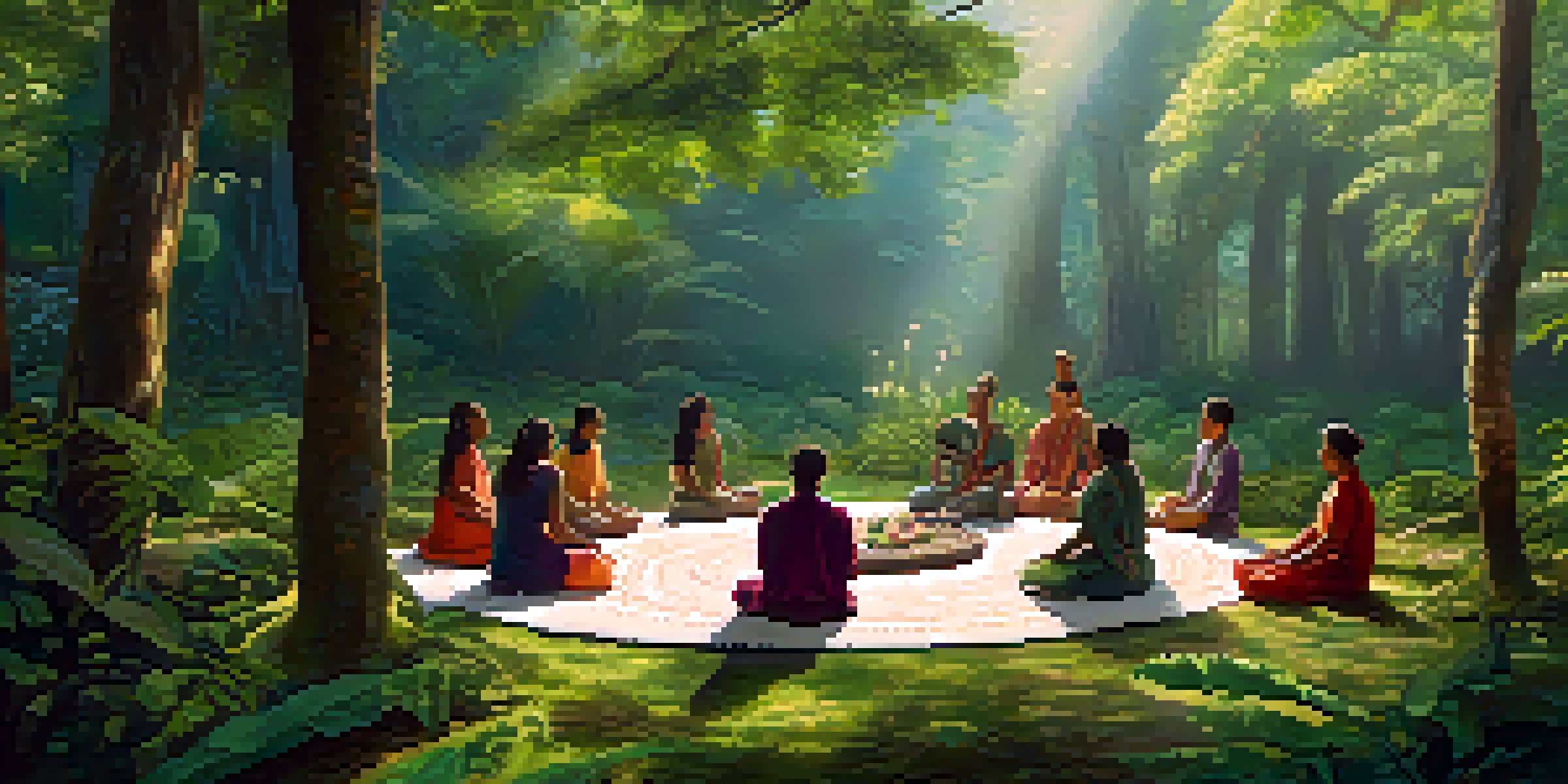 A peaceful Ayahuasca ceremony in a forest, with participants sitting in a circle on cushions, surrounded by greenery and a small altar.