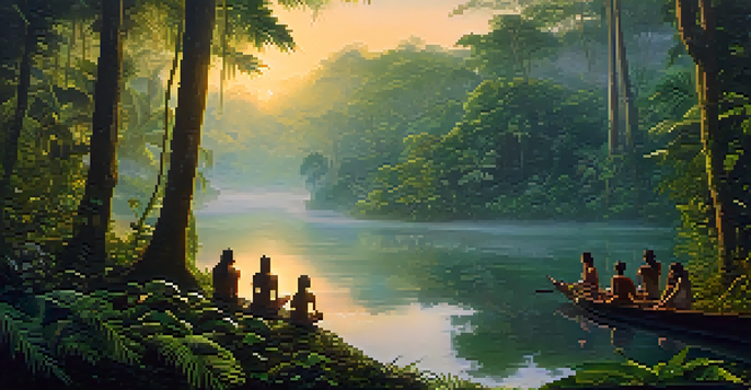 A peaceful scene of a group of people participating in an ayahuasca ceremony in a lush rainforest at dawn, with mist rising from the river and soft sunlight filtering through the trees.