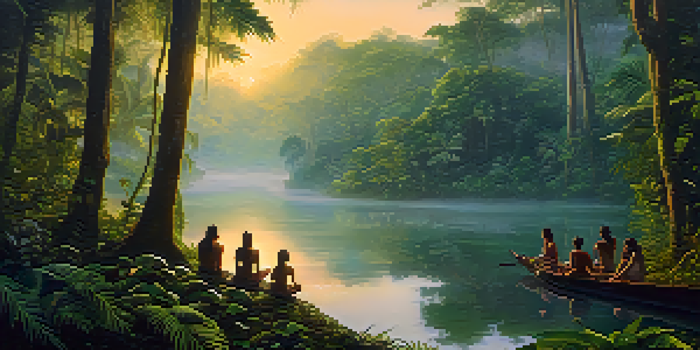 A peaceful scene of a group of people participating in an ayahuasca ceremony in a lush rainforest at dawn, with mist rising from the river and soft sunlight filtering through the trees.