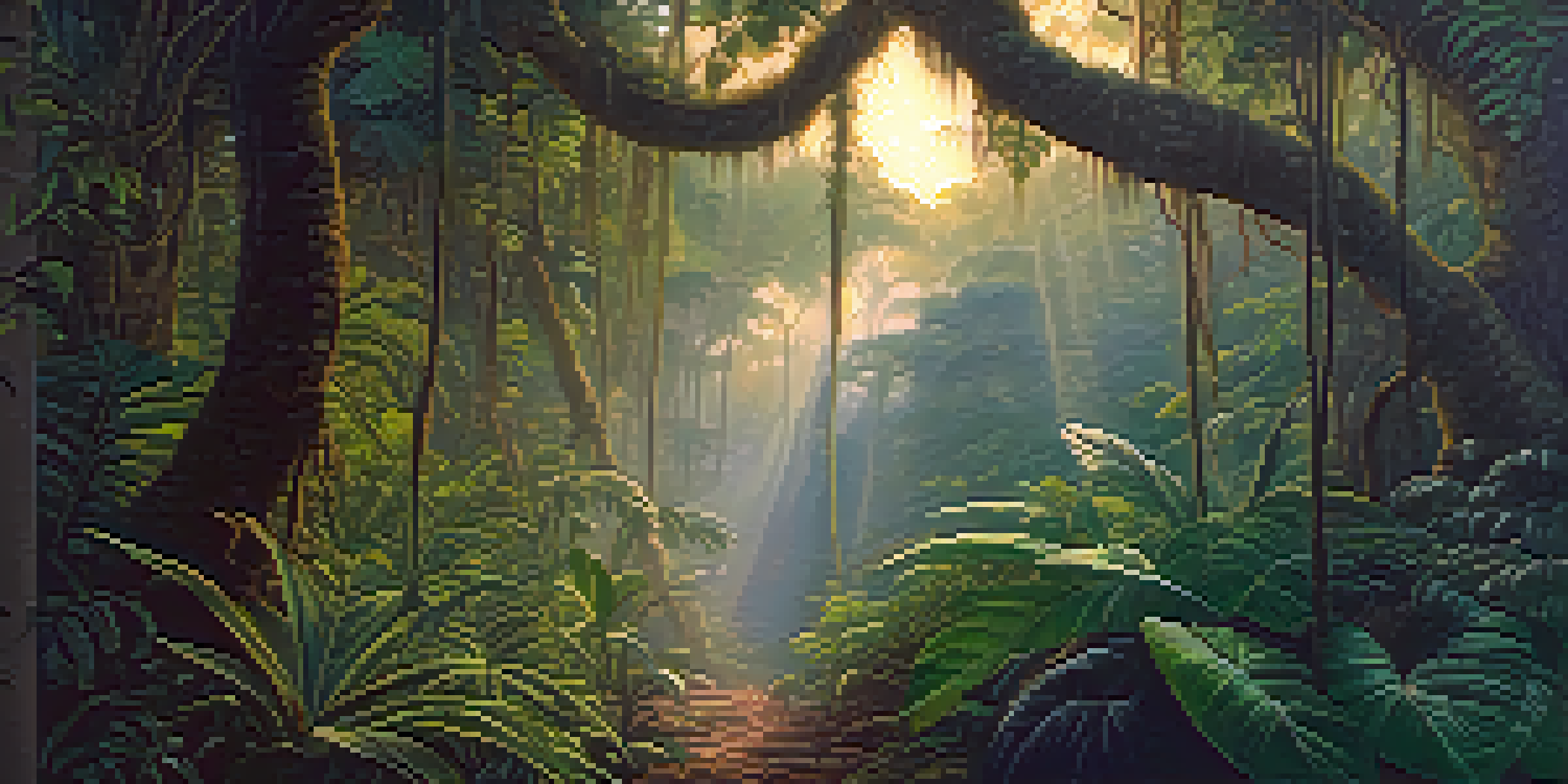 A tranquil jungle scene at twilight with vines and tropical plants, illuminated by soft light and surrounded by mist.