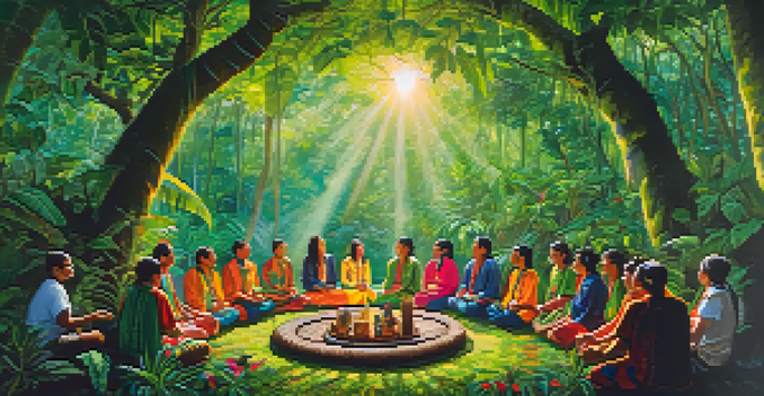 Participants in a circle during an Ayahuasca ceremony in a vibrant rainforest, with a shaman chanting and natural sunlight filtering through the trees.