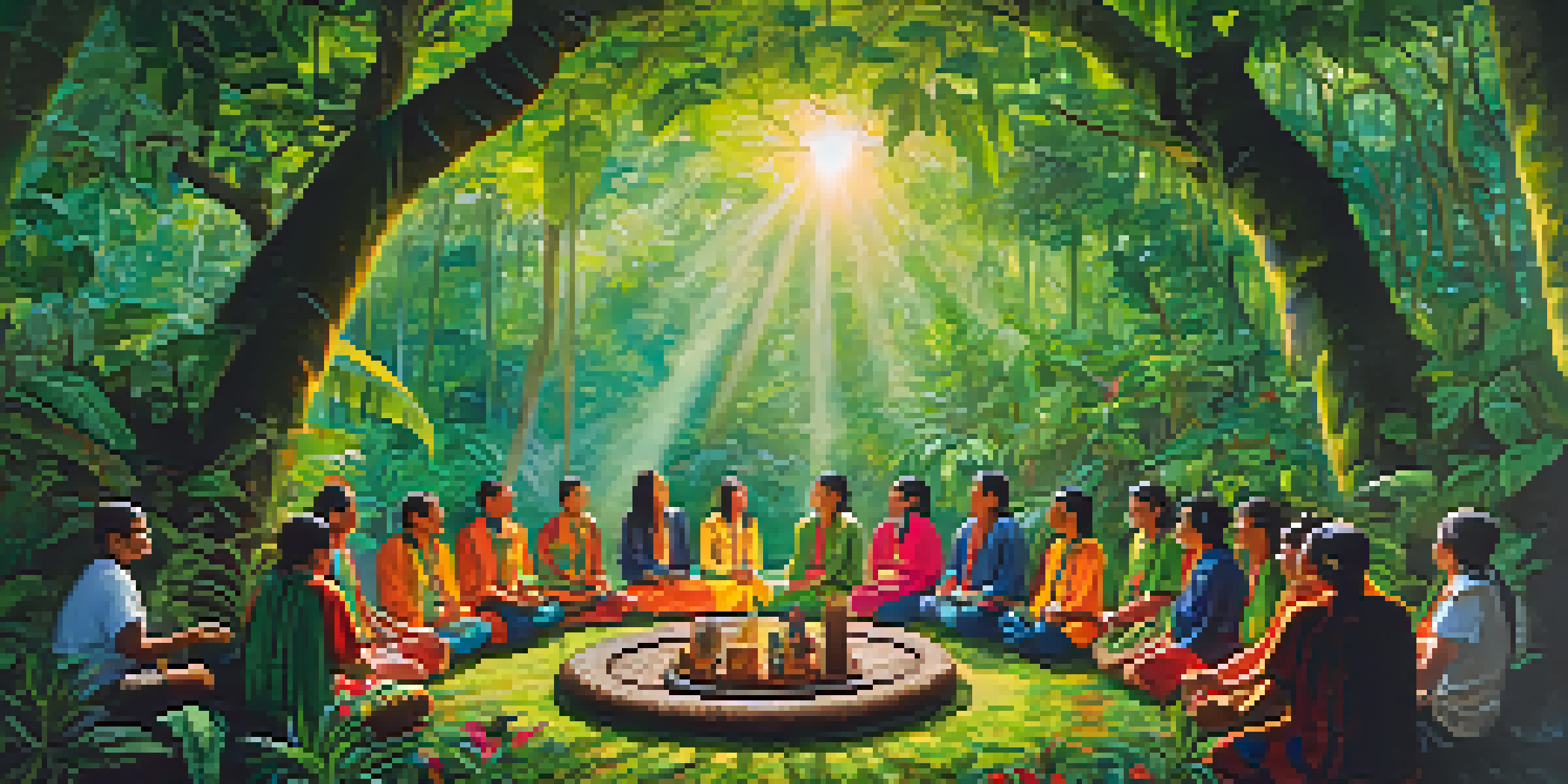 Participants in a circle during an Ayahuasca ceremony in a vibrant rainforest, with a shaman chanting and natural sunlight filtering through the trees.
