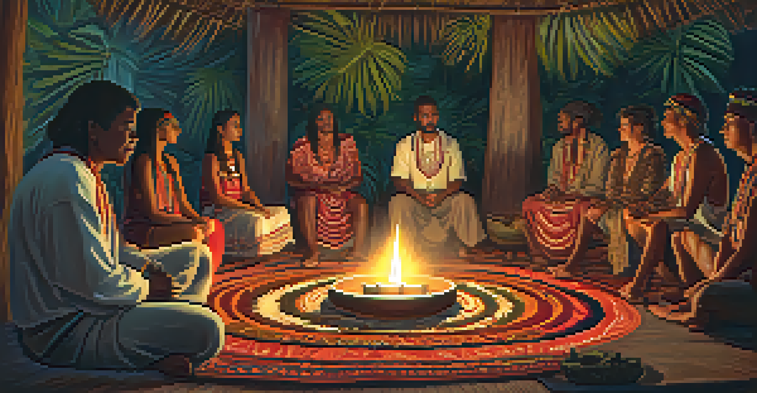 A diverse group of individuals sitting in a circle during an ayahuasca ceremony in a dimly lit room with traditional decor.