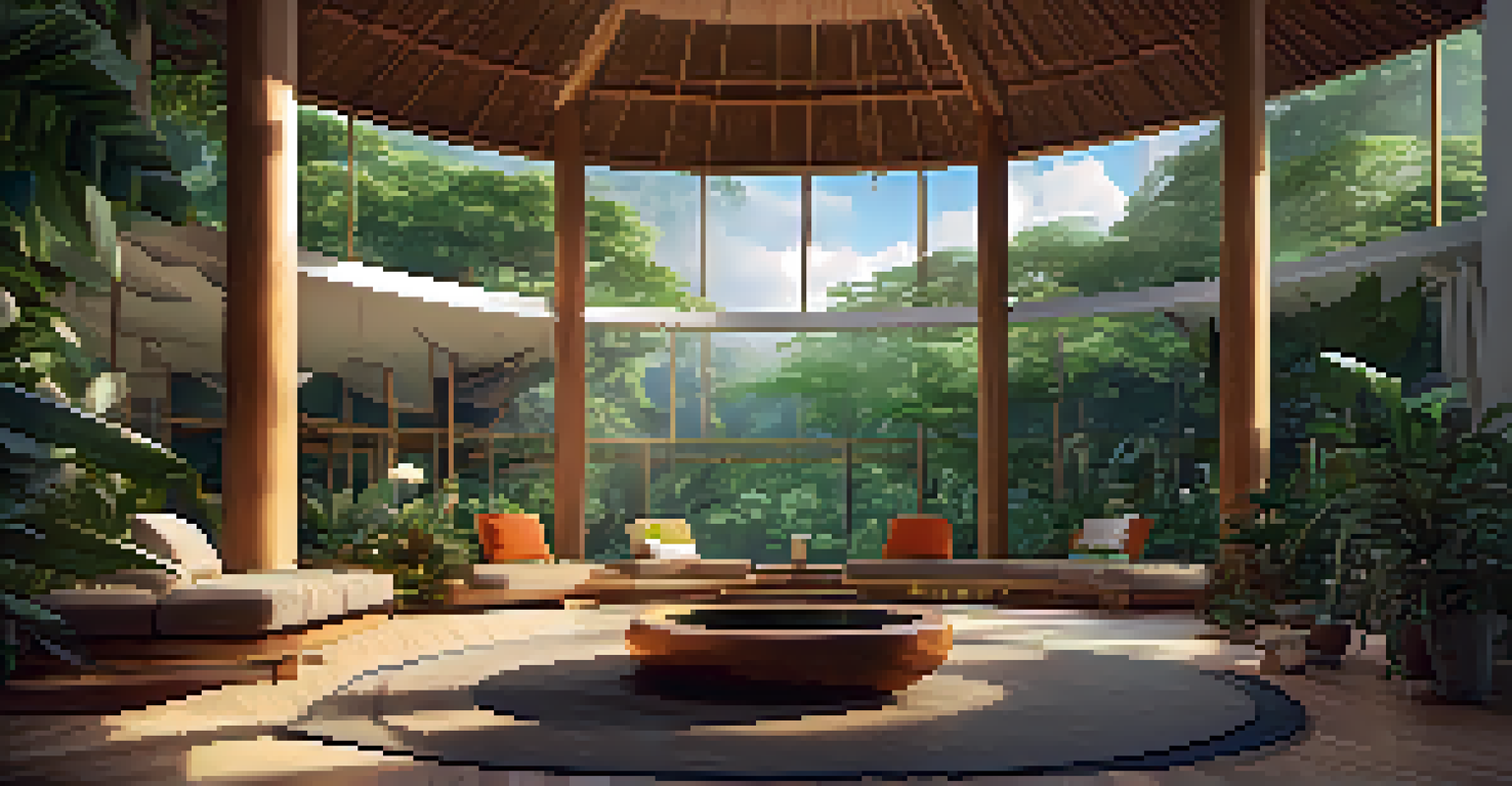 An urban Ayahuasca retreat center with modern architecture, participants in a circle, and a tranquil garden view.