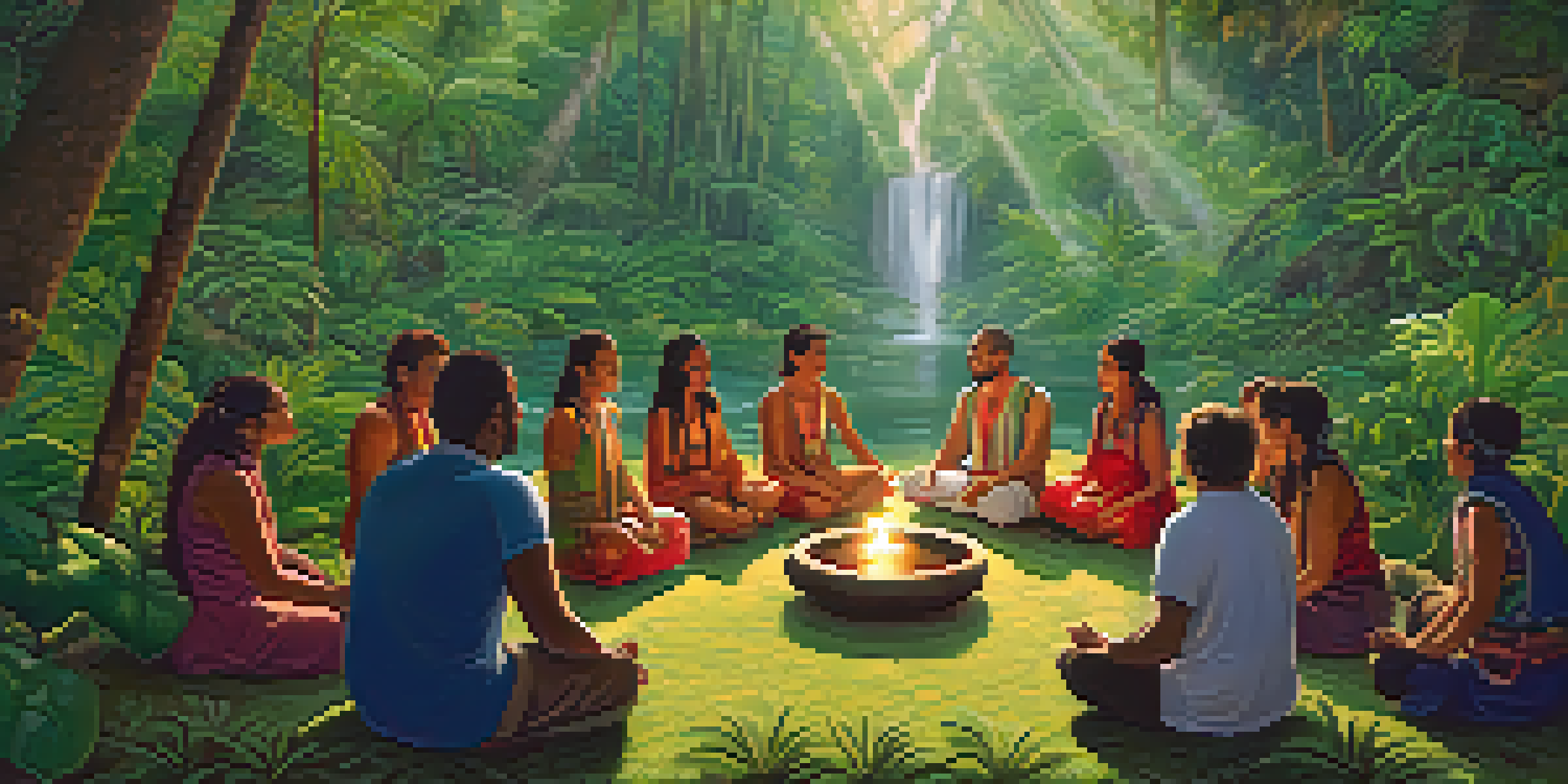 A tranquil ayahuasca ceremony taking place in a tropical forest, with participants seated in a circle on mats under soft, warm light.