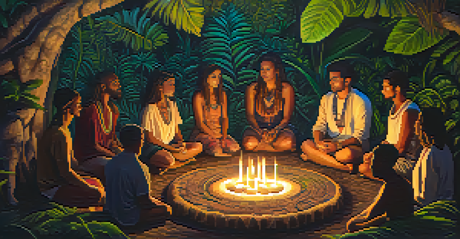 Participants in a circle during an ayahuasca ceremony, surrounded by greenery and candlelight, reflecting calmness and introspection under the guidance of a shaman.