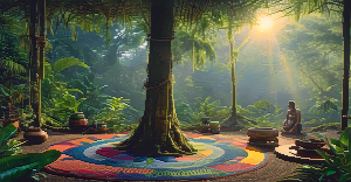A peaceful Amazon rainforest at dawn, featuring mist and sunlight filtering through the trees, with a traditional Ayahuasca ceremony setup in the foreground.