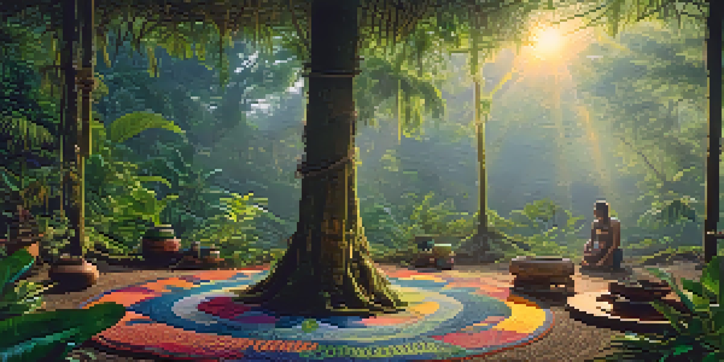 A peaceful Amazon rainforest at dawn, featuring mist and sunlight filtering through the trees, with a traditional Ayahuasca ceremony setup in the foreground.
