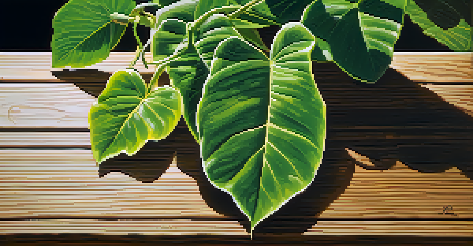 A close-up view of Banisteriopsis caapi vine and Psychotria viridis leaves on a wooden table with natural daylight.