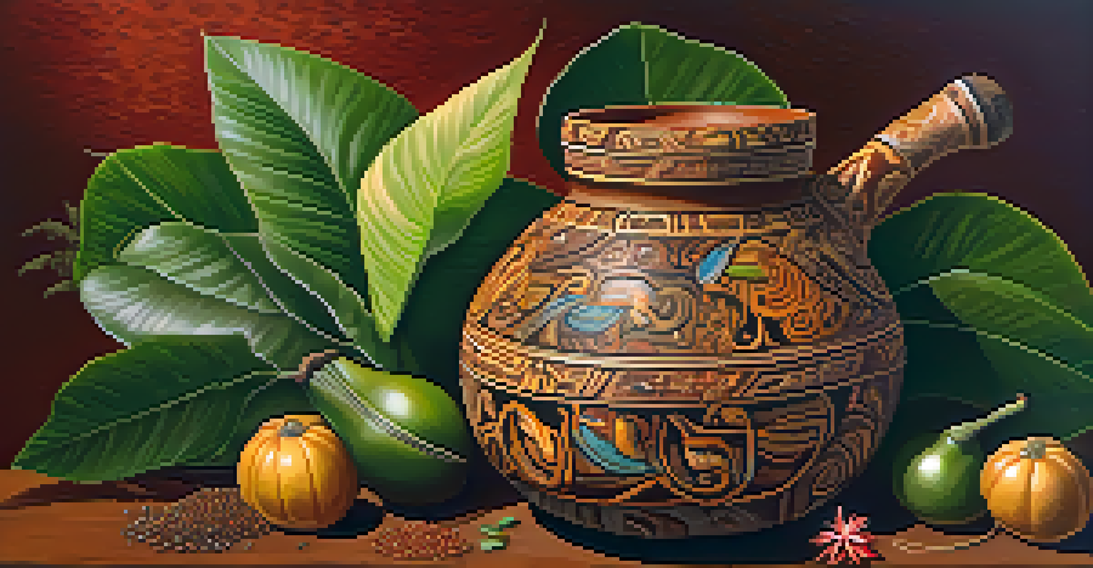 A close-up of ayahuasca brew in a gourd, surrounded by Amazonian leaves and flowers.