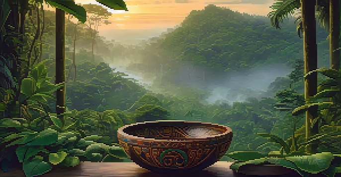 A tranquil Amazon rainforest at dawn with lush green trees and mist. A wooden bowl with carvings sits in the foreground, filled with Ayahuasca brew, illuminated by soft golden light.