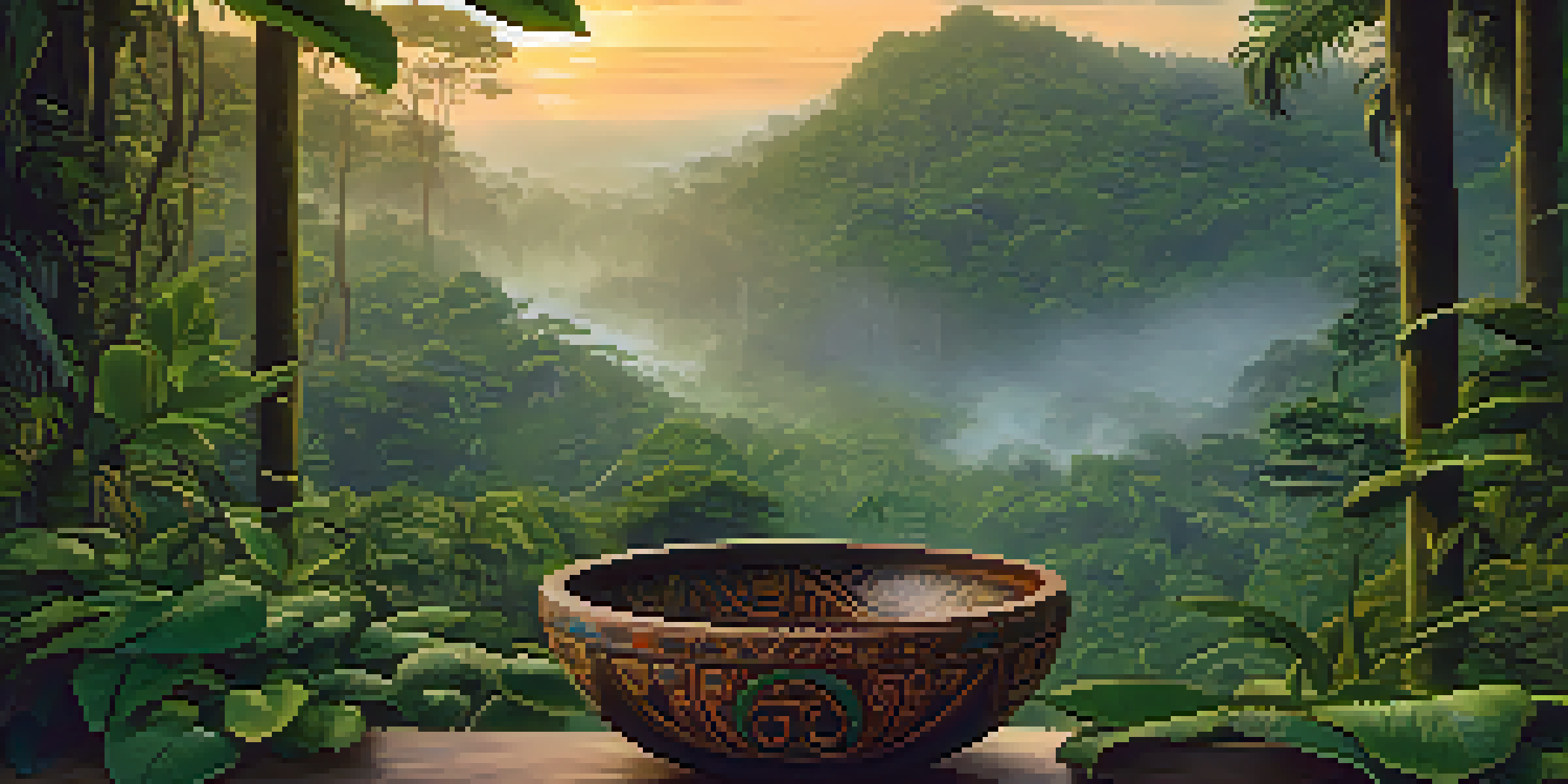 A tranquil Amazon rainforest at dawn with lush green trees and mist. A wooden bowl with carvings sits in the foreground, filled with Ayahuasca brew, illuminated by soft golden light.