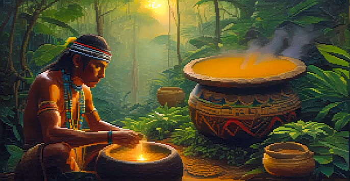 A shaman in colorful attire preparing ayahuasca brew in a serene Amazon rainforest at dawn, with mist and vibrant foliage.