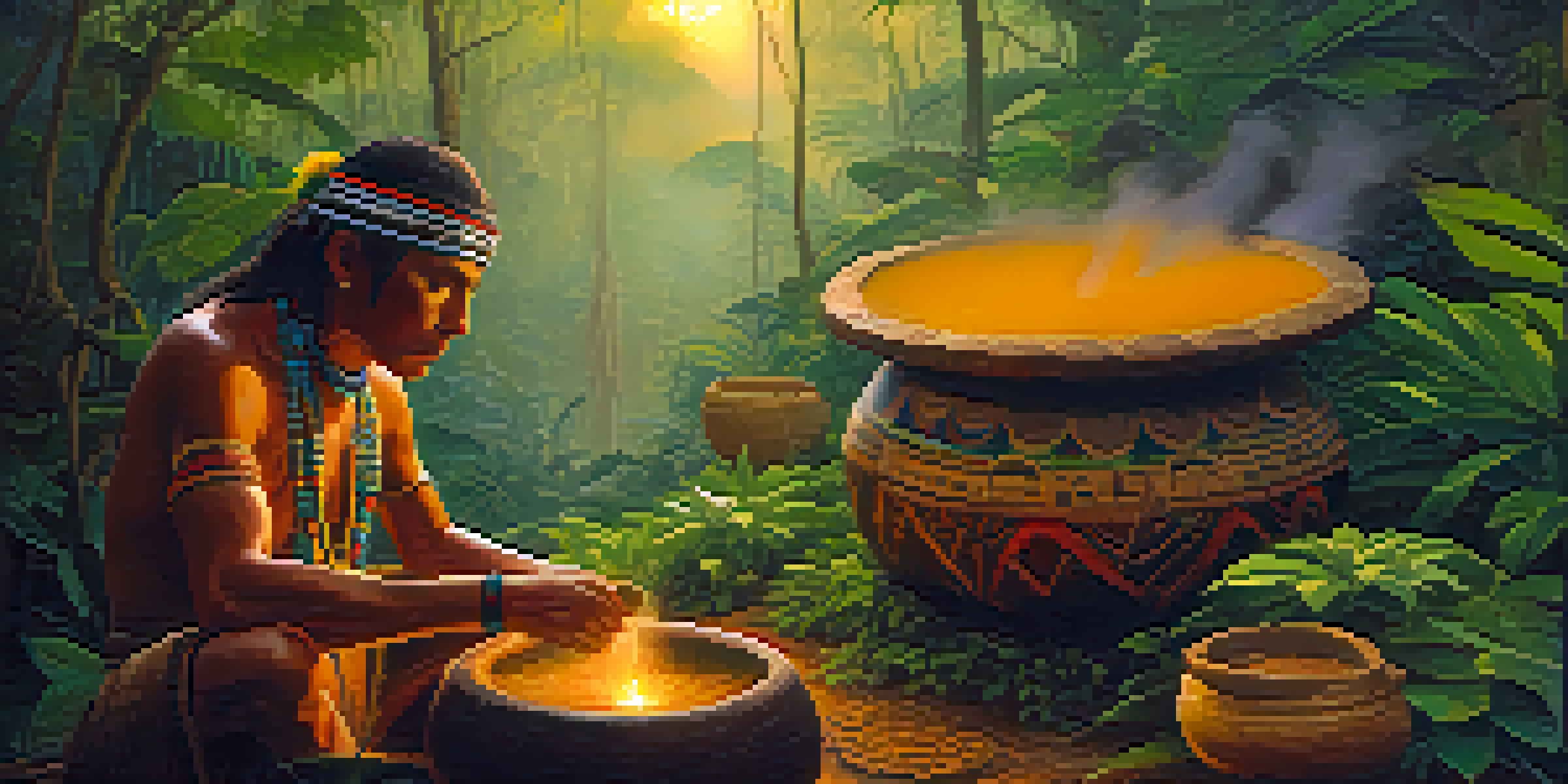 A shaman in colorful attire preparing ayahuasca brew in a serene Amazon rainforest at dawn, with mist and vibrant foliage.