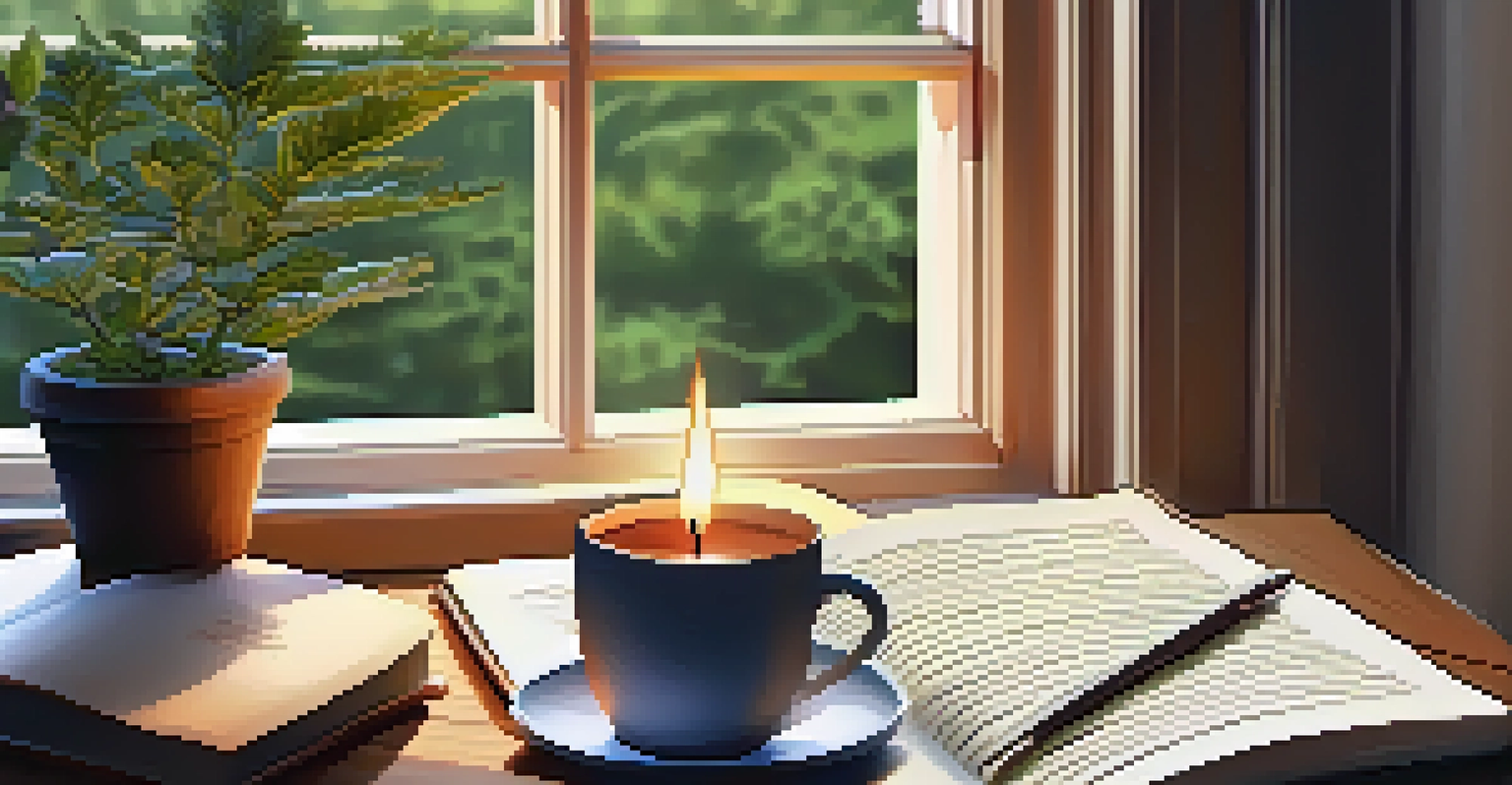 An open journal with handwritten reflections, a cup of tea, and a lit candle on a wooden table.