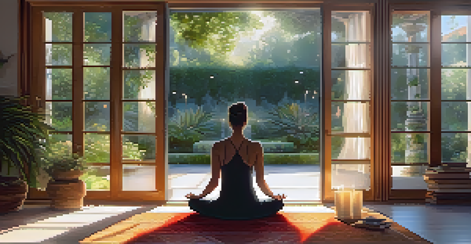 A peaceful meditation scene in a sunlit room with a person meditating and a view of a vibrant garden.