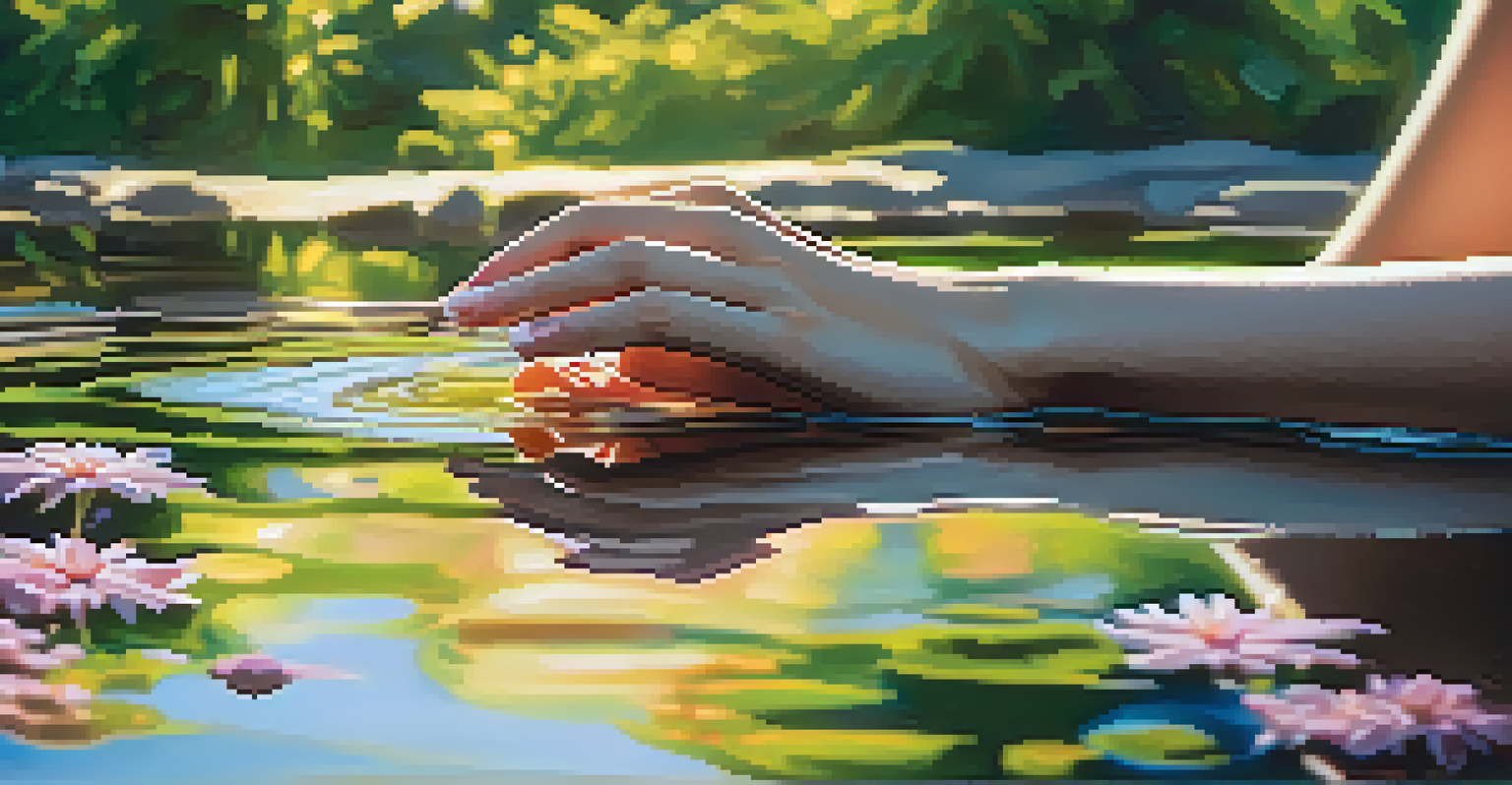 A hand touching water ripples in a calm pond surrounded by flowers.