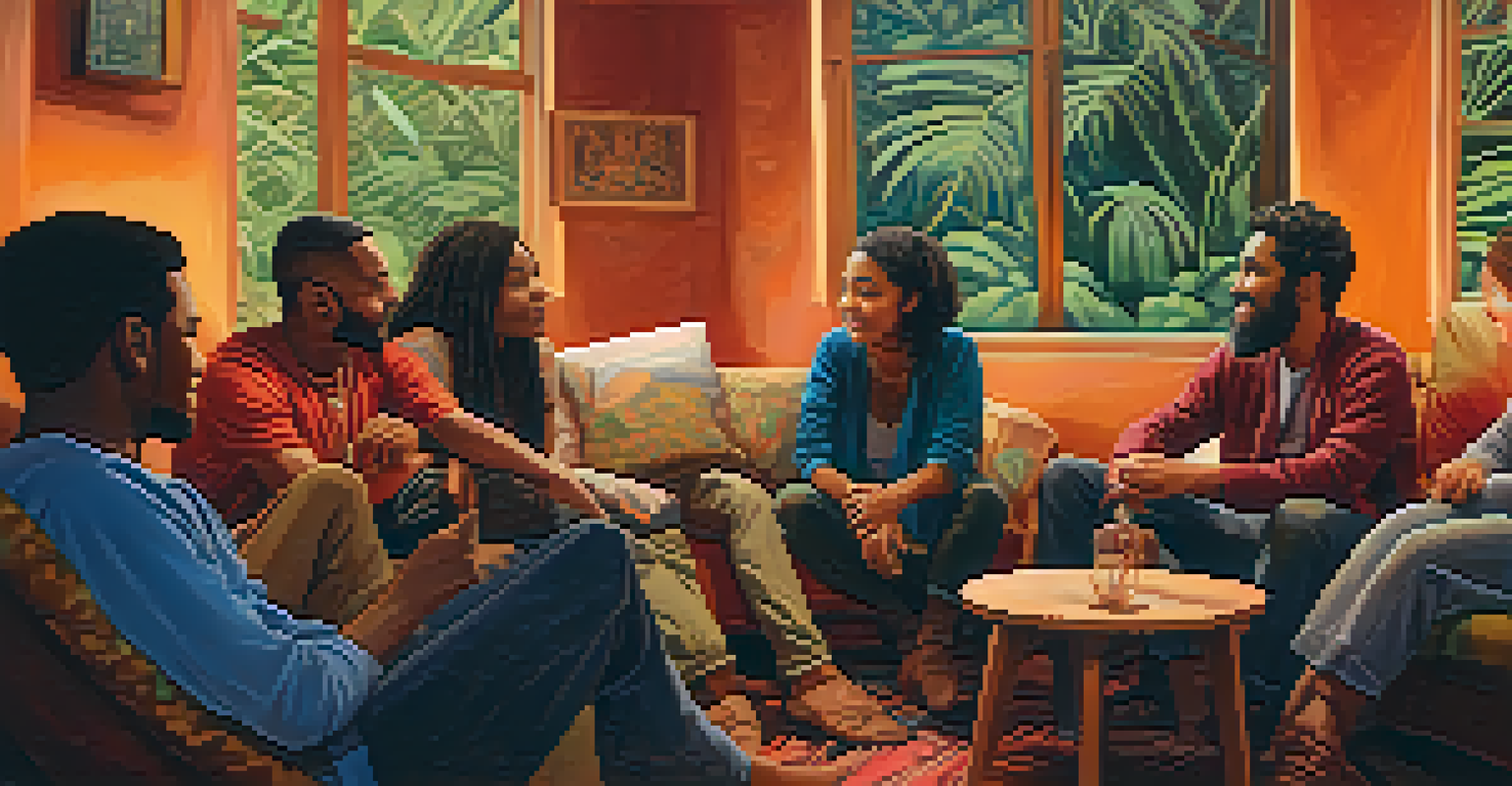A group of diverse individuals in a cozy room, engaged in discussion, sharing experiences after an ayahuasca journey, reflecting connection and support.