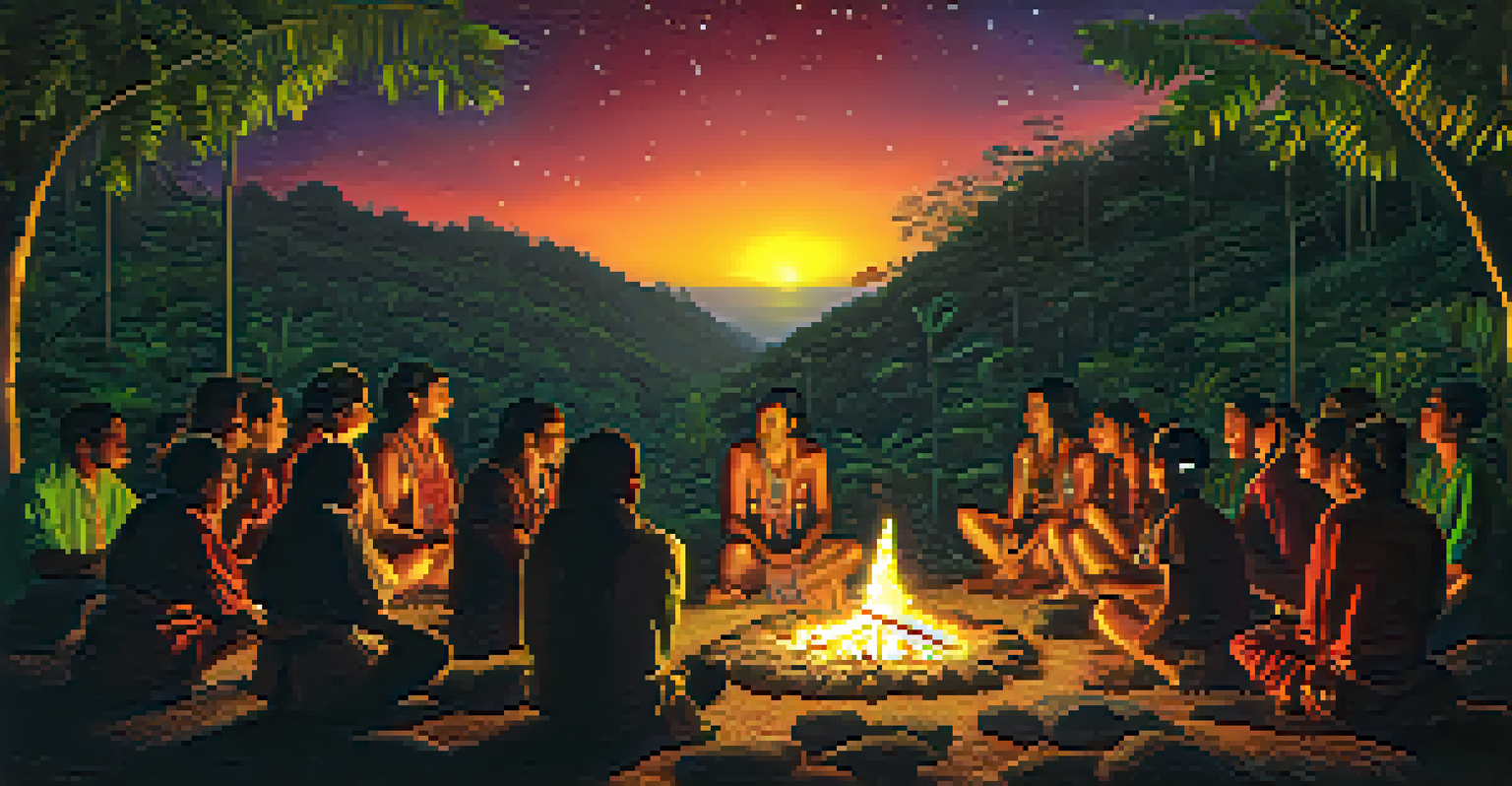 A communal Ayahuasca ceremony at night under a starry sky, with participants sitting around a fire and an indigenous shaman leading the ritual.